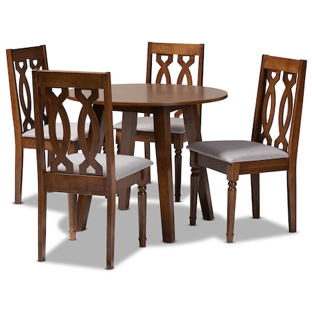 Baxton Studio Pia Grey Upholstered and Walnut Wood 5-Piece Dining Set 170-9878-10895